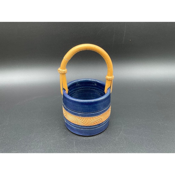 Handmade Pottery Vase With Basket Handle Blue Brown Glaze Studio Art 6" - Picture 5 of 5